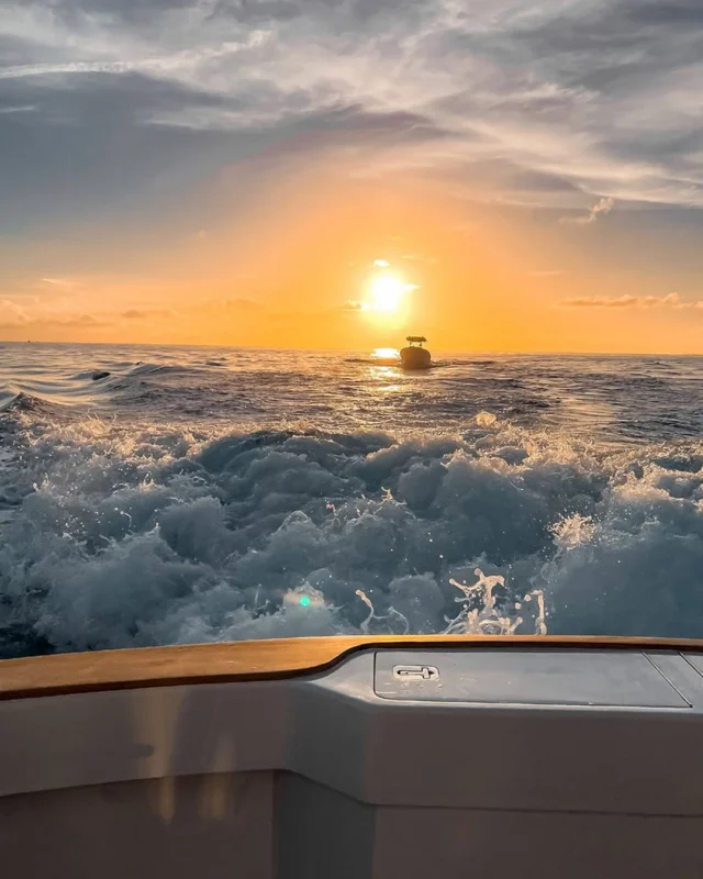Chasing golden hour on the Four Aces! 🌅🛥️ Leaving a beautiful wake behind as we wrap up another epic day of fishing in Islamorada. Book your next private charter and experience the magic of the open ocean with us