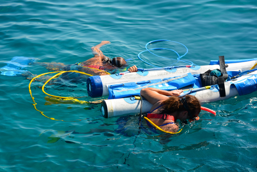 Tourists are doing Snuba diving on Key West island on the south of Florida